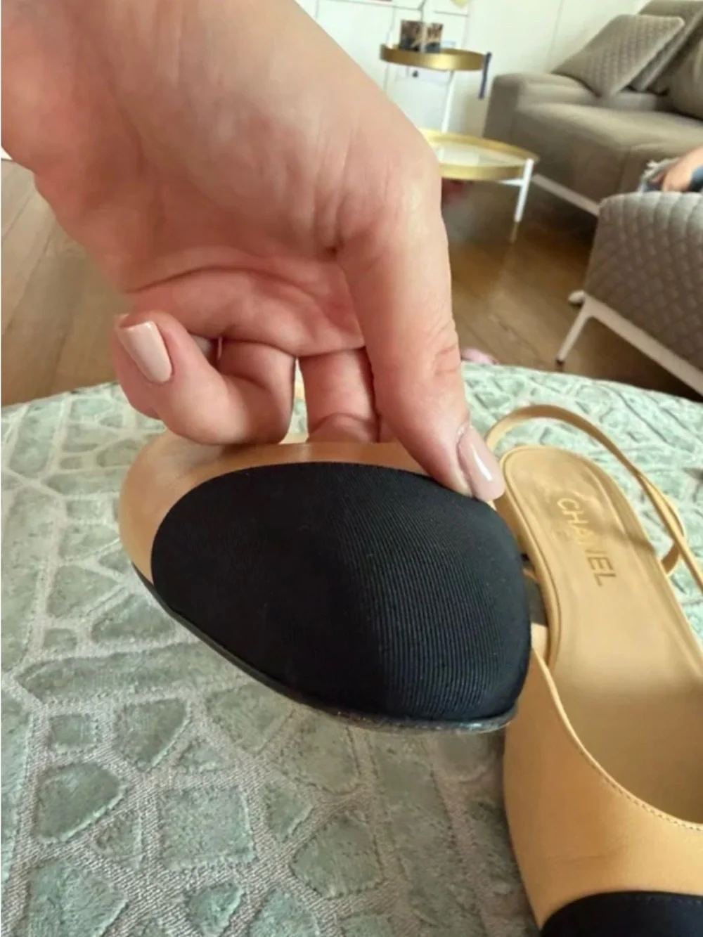 CHANEL Beige Leather Slingback Flats with Black Cap Toe